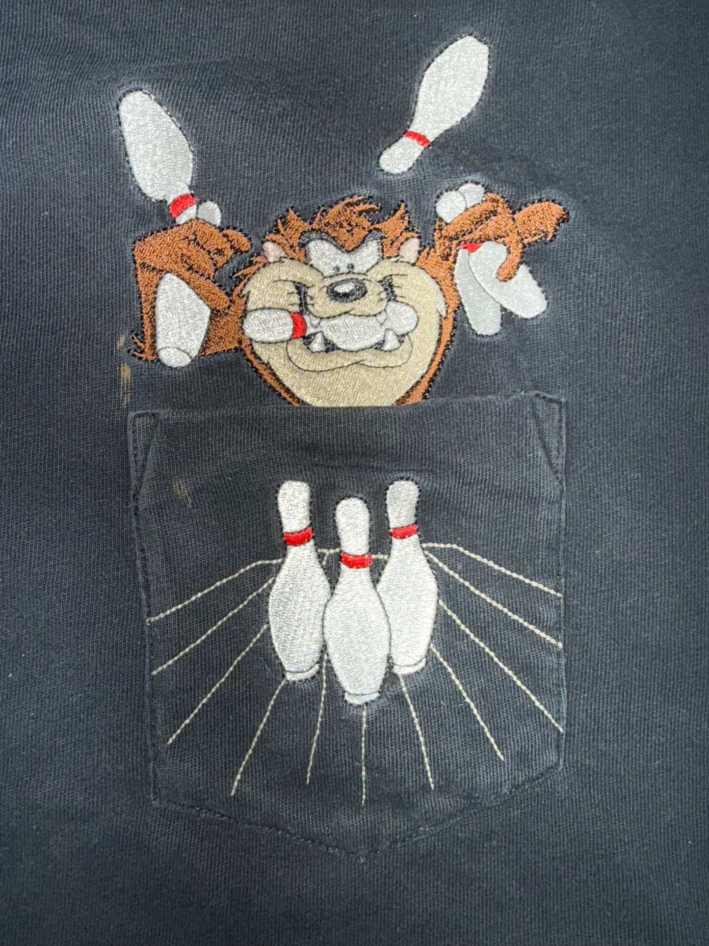 Vintage 1999 Taz Embroidered Pocket T-Shirt – XL – Warner Bros. Studio – Bowling Graphic Tee
