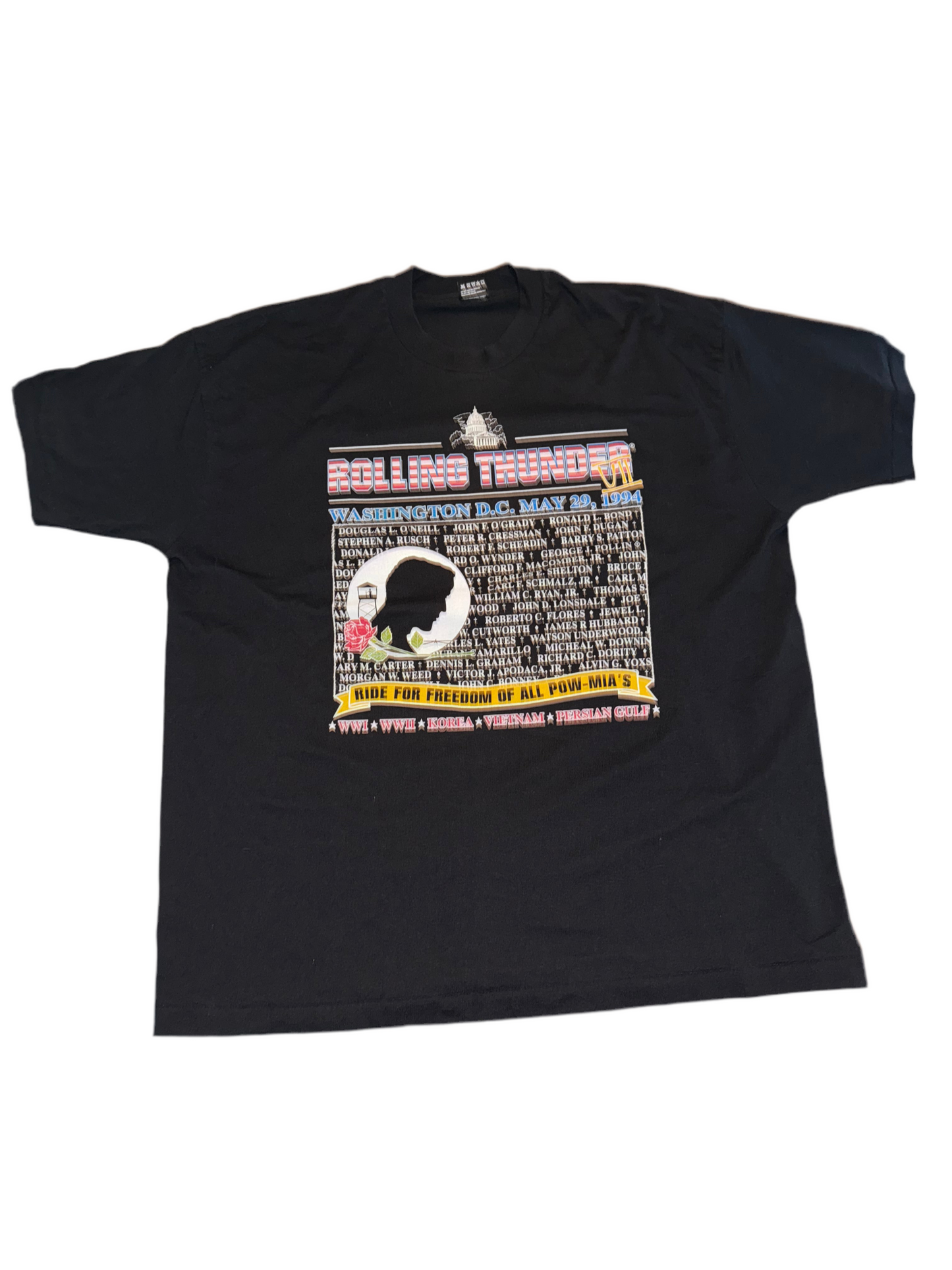 Vintage 90s Rolling Thunder POW*MIA T-Shirt – XXL – Made in USA – FOTL Best Tag – Veteran Biker Tee